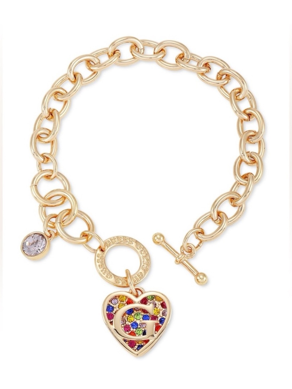 Beautiful Guess Gold-Tone Link Bracelet with Multicolor Crystal Heart Charm, NWT